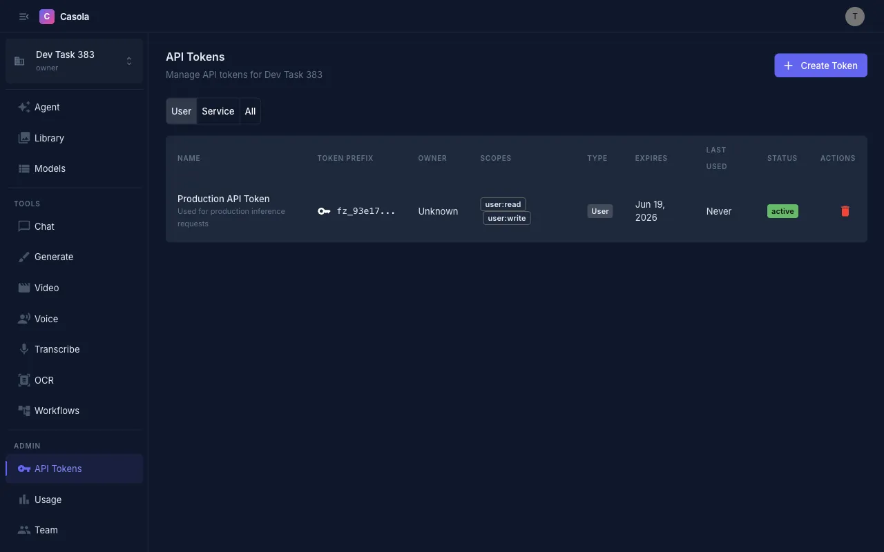 API Tokens management page