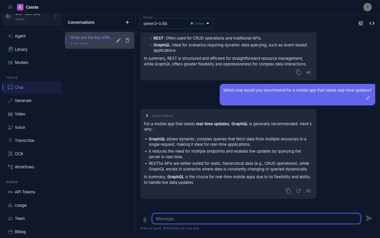Chat page with a multi-turn conversation, model selector, and sidebar
