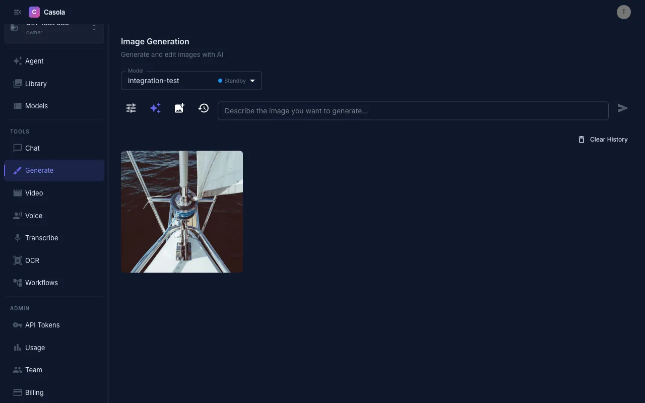 Image Generation page with prompt bar and generated image in the gallery