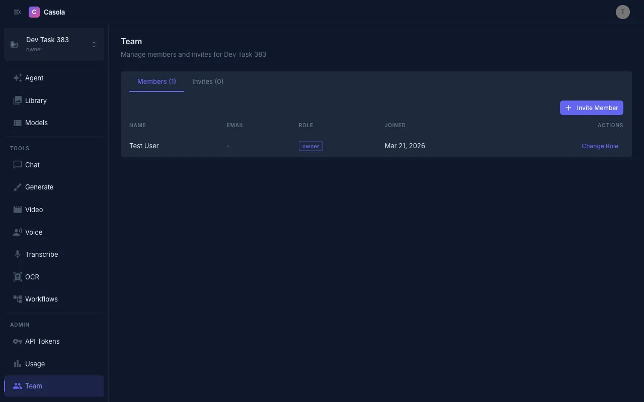 Team management page with members and roles