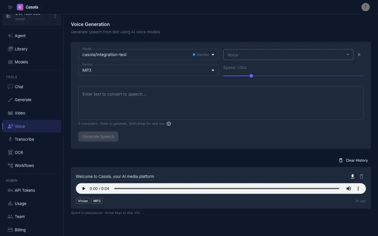 Voice generation page with audio player and settings